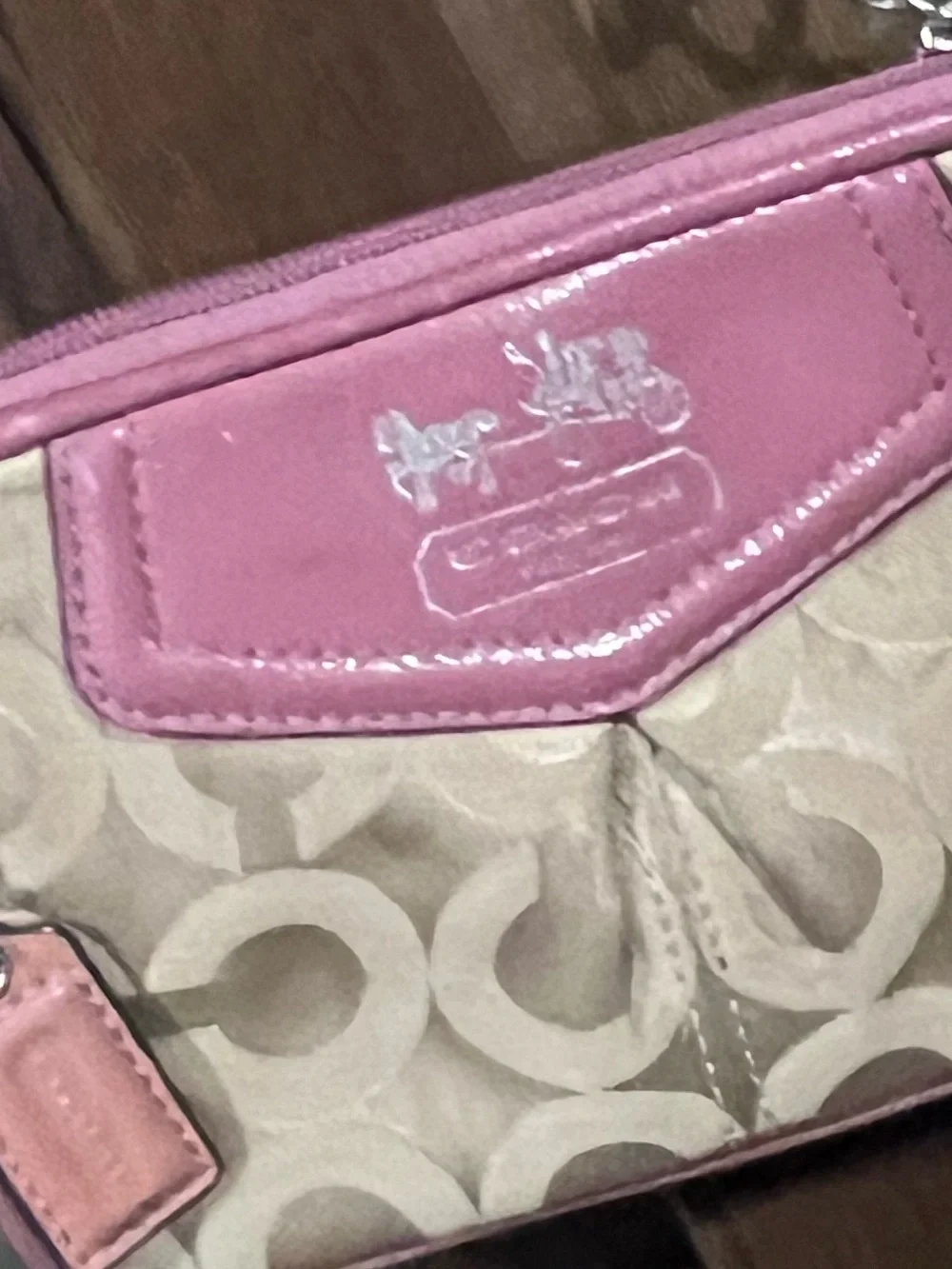 Coach Beige Signature Wristlet with Pink Trim